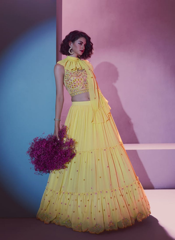 Lassya Fashion's Canary Yellow Elegant Georgette Lehenga Choli