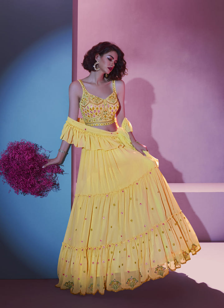 Lassya Fashion's Canary Yellow Elegant Georgette Lehenga Choli