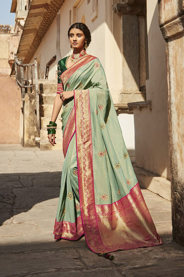 Pista Green Pure Silk Paithani Saree with Patched Border and Designer Blouse