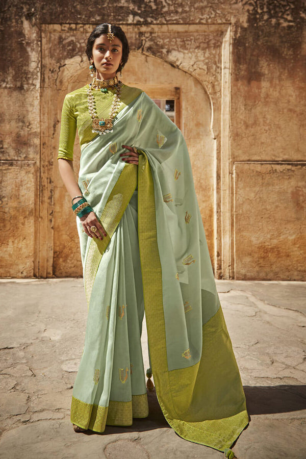 Sage Green Pure Silk Paithani Saree with Patched Border and Designer Blouse