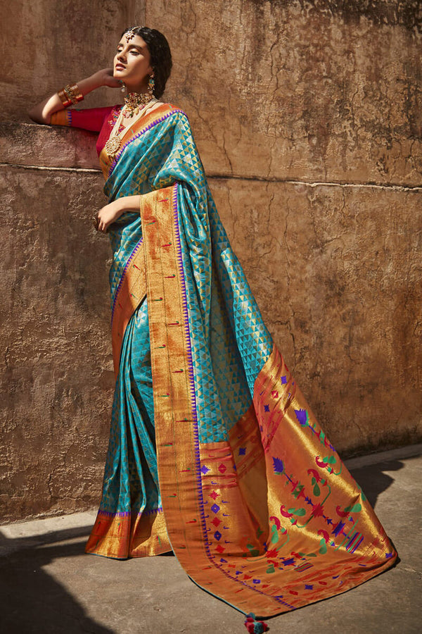 Turquoise Blue Pure Silk Paithani Saree with Patched Border and Designer Blouse