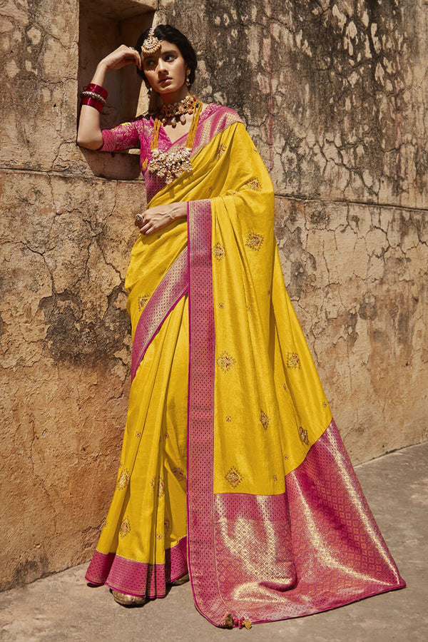 Goldenrod Yellow Pure Silk Paithani Saree with Patched Border and Designer Blouse