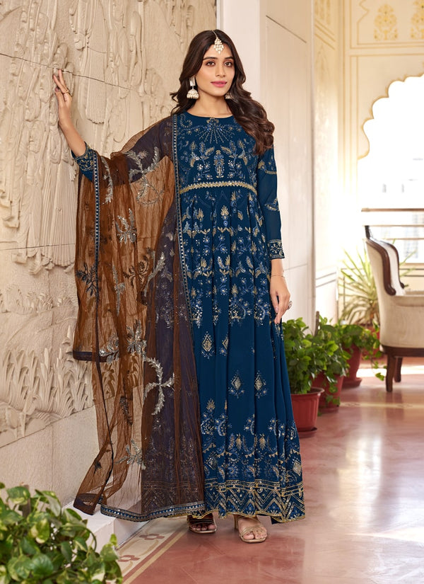 Lassya Fashion Persian Blue Embroidered Faux Georgette Anarkali Suit