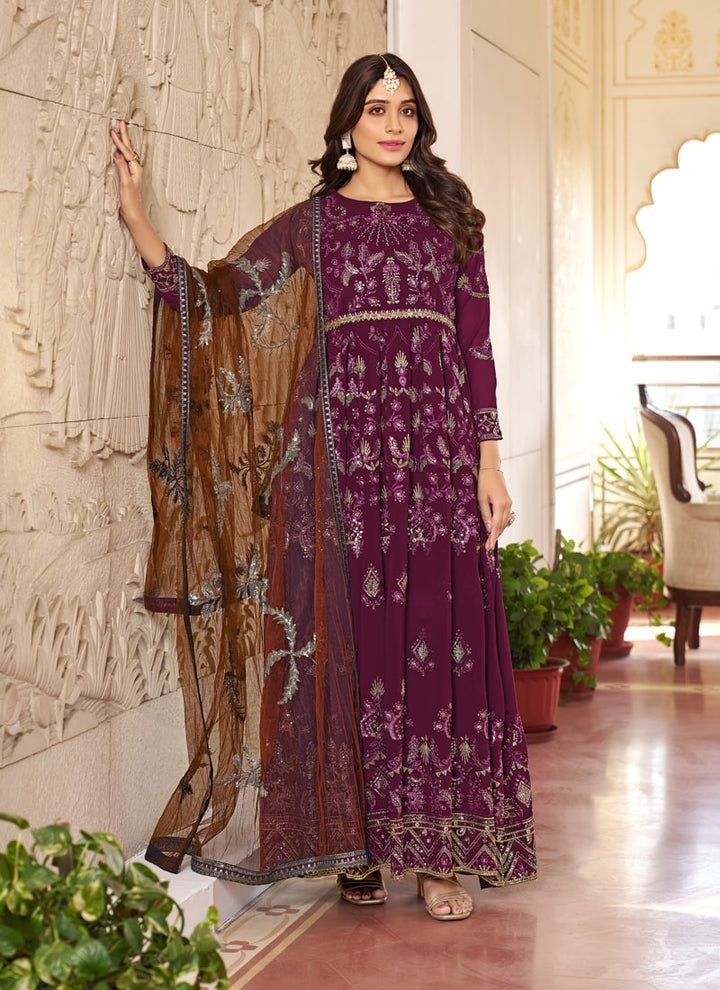 Lassya Fashion Purple Wine Embroidered Faux Georgette Anarkali Suit
