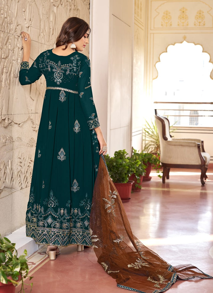 Lassya Fashion Teal Green Embroidered Faux Georgette Anarkali Suit