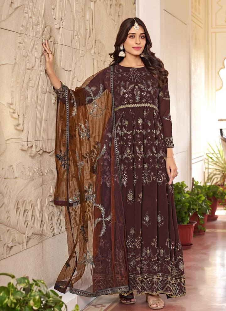 Lassya Fashion Coffee Brown Embroidered Faux Georgette Anarkali Suit