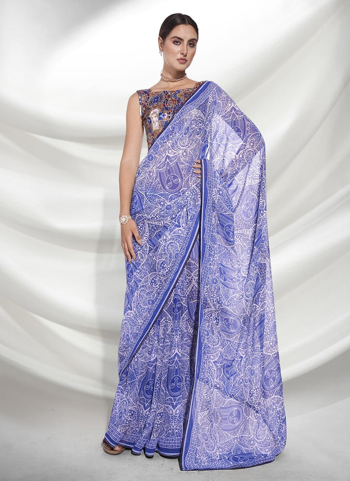 Lassya Fashion 0 Violet Blue Elegant Partywear Georgette Saree Set