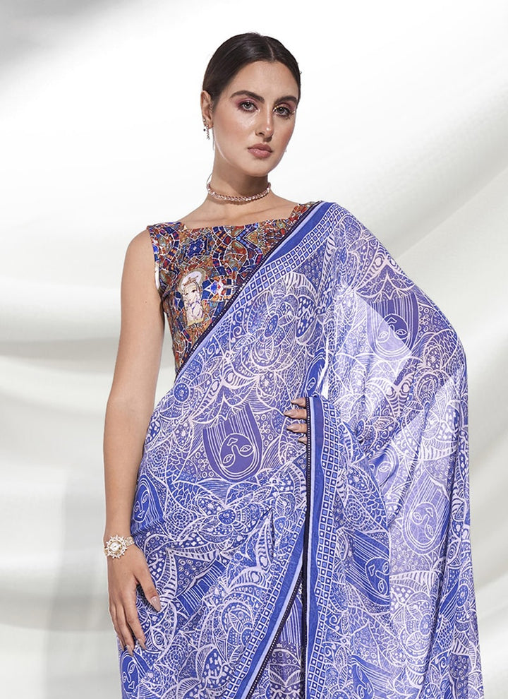 Lassya Fashion 0 Violet Blue Elegant Partywear Georgette Saree Set