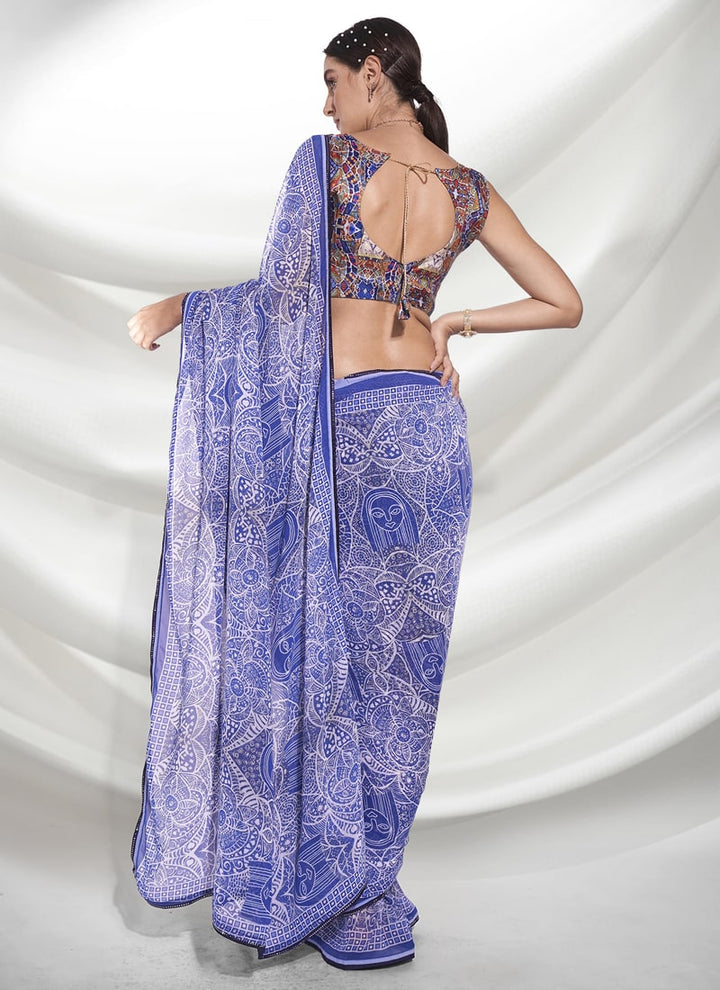 Lassya Fashion 0 Violet Blue Elegant Partywear Georgette Saree Set