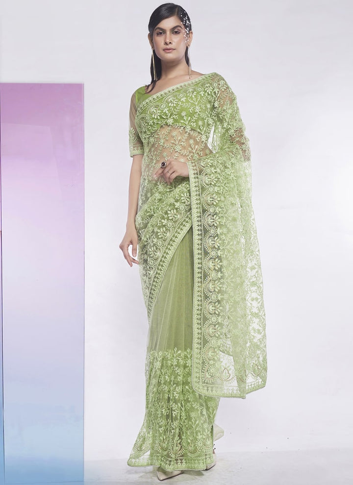 Lassya Fashion 0 Pista Green Elegant Partywear Soft Net Saree Set