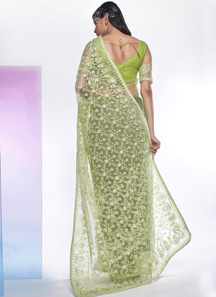 Lassya Fashion 0 Pista Green Elegant Partywear Soft Net Saree Set