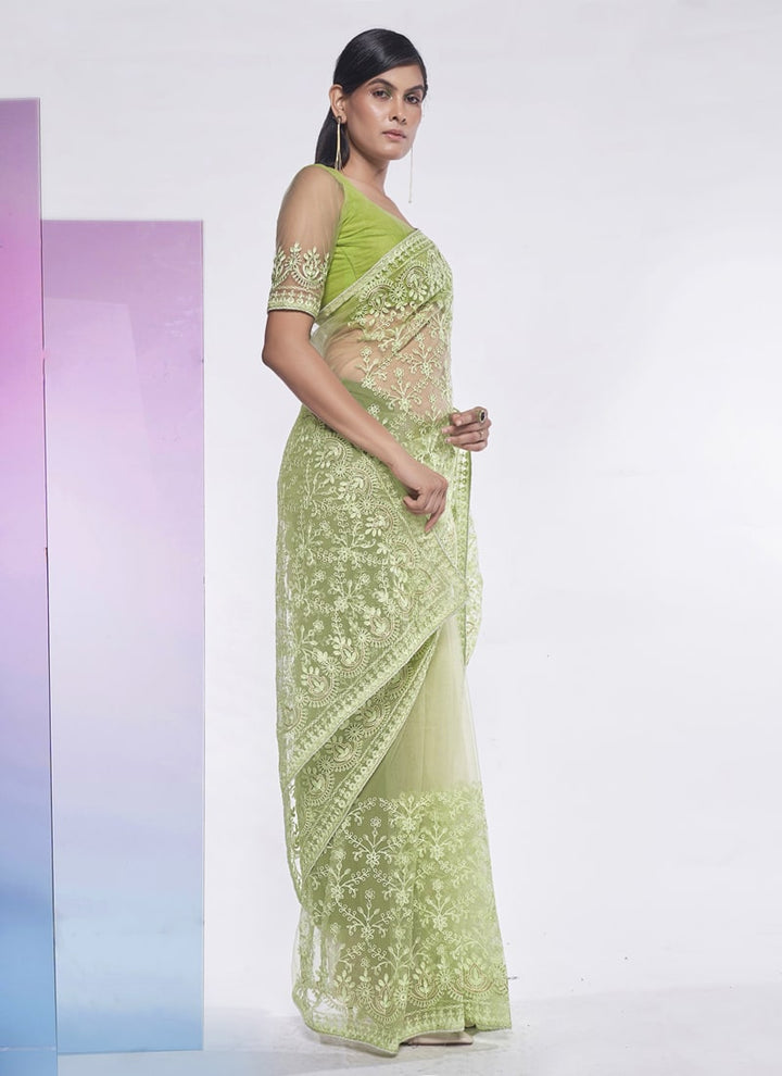 Lassya Fashion 0 Pista Green Elegant Partywear Soft Net Saree Set