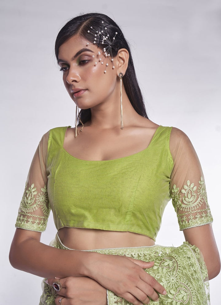 Lassya Fashion 0 Pista Green Elegant Partywear Soft Net Saree Set