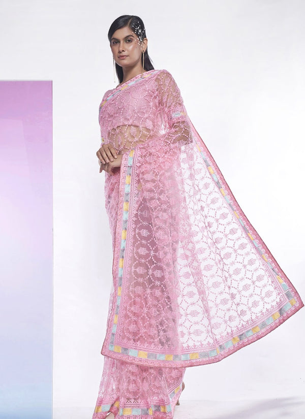 Lassya Fashion 0 Baby Pink Elegant Partywear Soft Net Saree Set