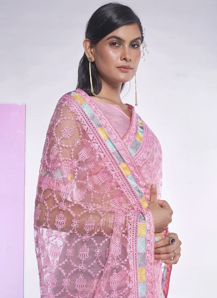 Lassya Fashion 0 Baby Pink Elegant Partywear Soft Net Saree Set