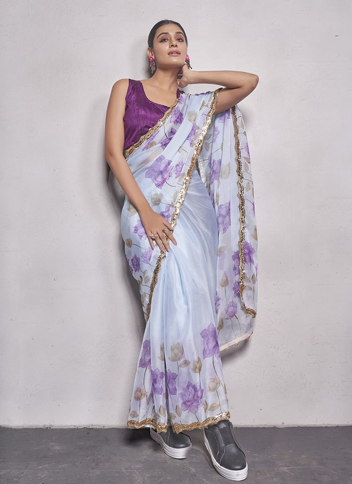 Lassya Fashion 0 Light Steel Blue Elegant Partywear Organza Saree Set