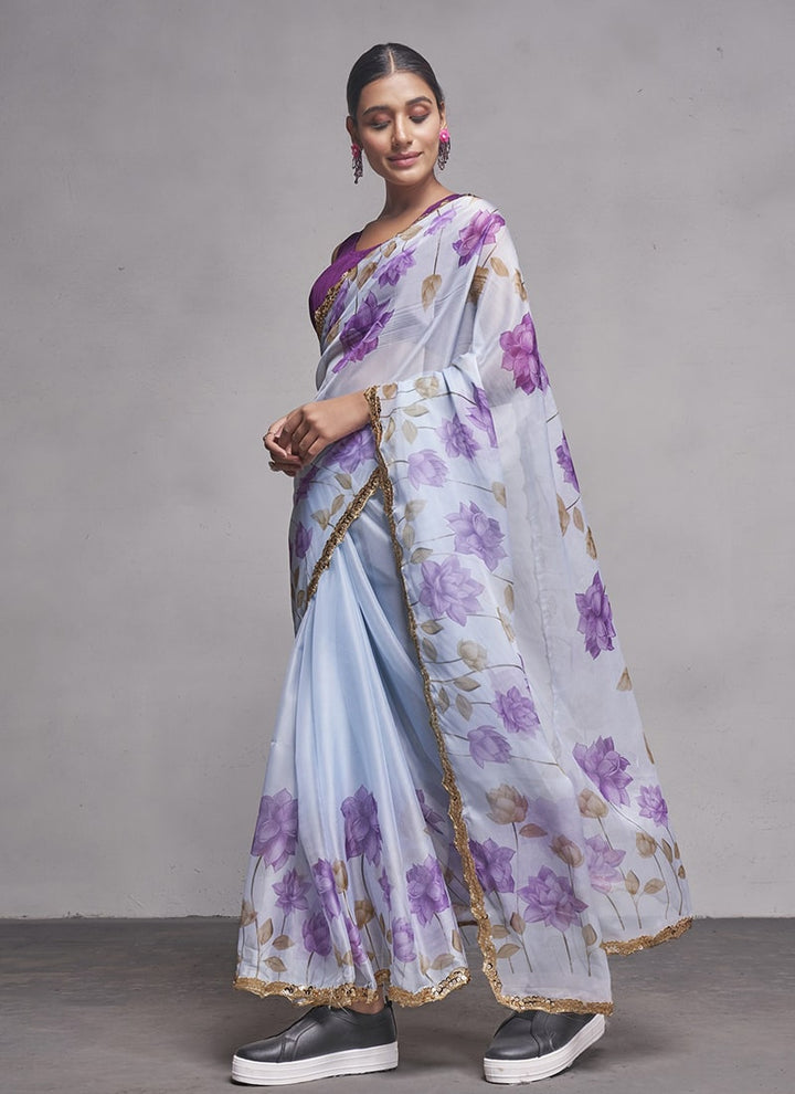 Lassya Fashion 0 Light Steel Blue Elegant Partywear Organza Saree Set