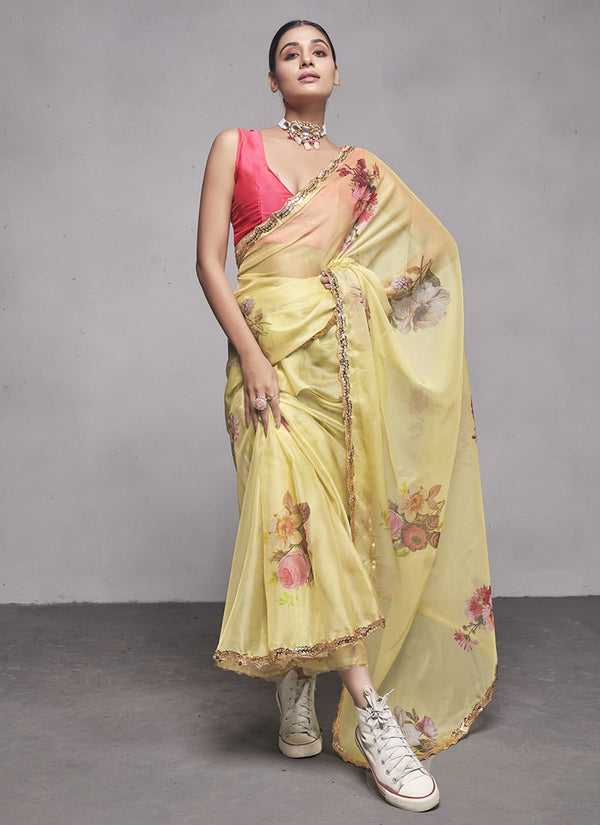 Lassya Fashion 0 Light Yellow Elegant Partywear Organza Saree Set