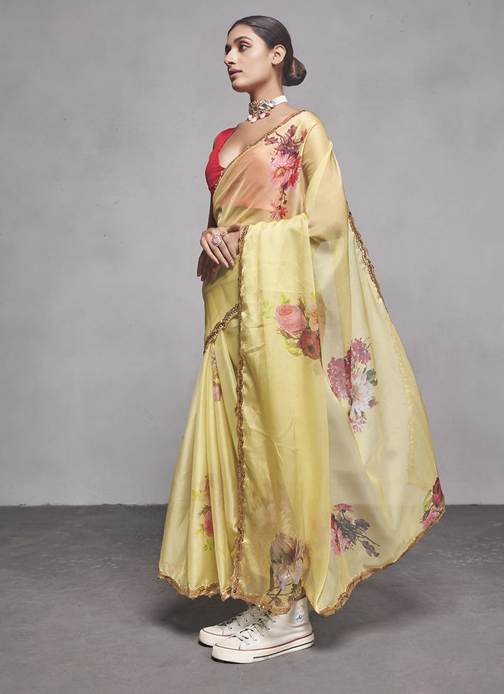 Lassya Fashion 0 Light Yellow Elegant Partywear Organza Saree Set