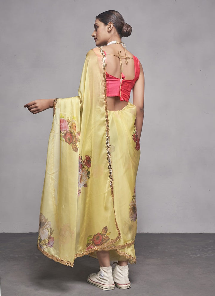 Lassya Fashion 0 Light Yellow Elegant Partywear Organza Saree Set