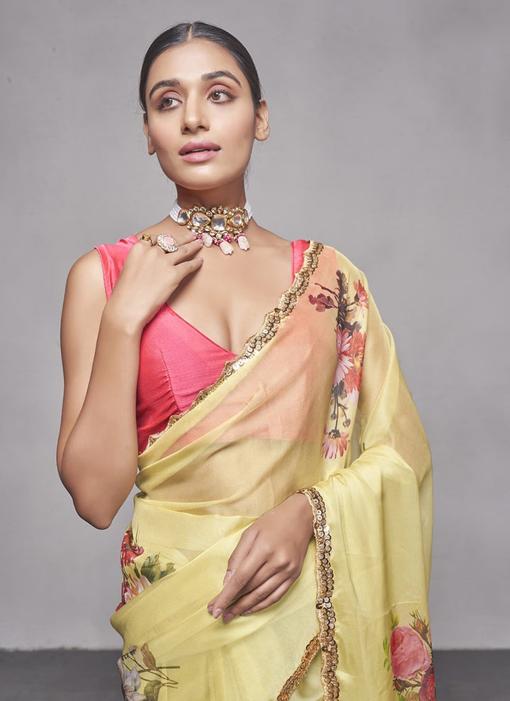 Lassya Fashion 0 Light Yellow Elegant Partywear Organza Saree Set