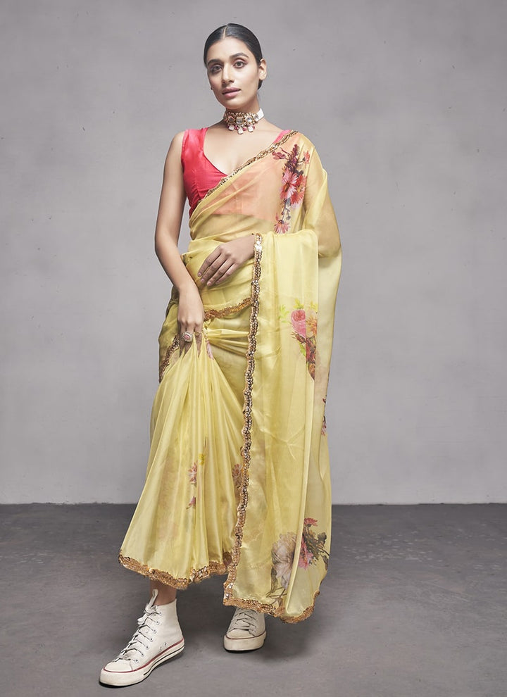 Lassya Fashion 0 Light Yellow Elegant Partywear Organza Saree Set