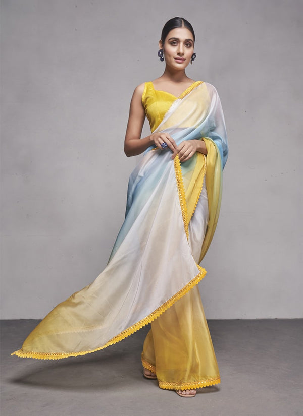 Lassya Fashion 0 Yellow And White Elegant Partywear Organza Saree Set