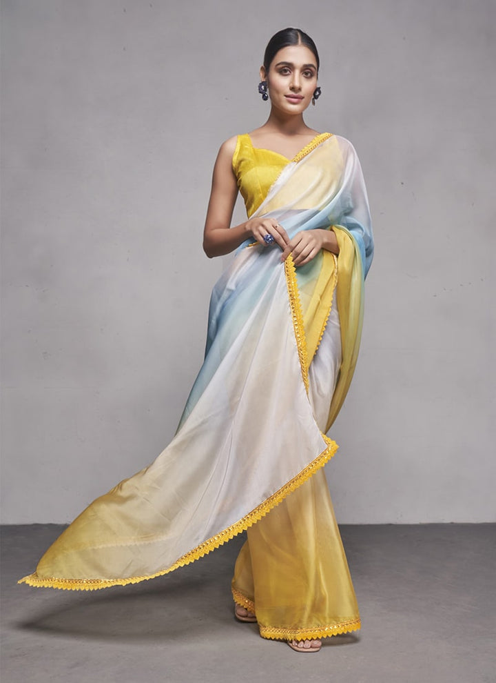 Lassya Fashion 0 Yellow And White Elegant Partywear Organza Saree Set