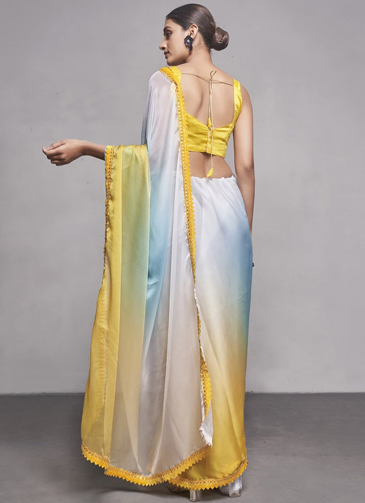 Lassya Fashion 0 Yellow And White Elegant Partywear Organza Saree Set