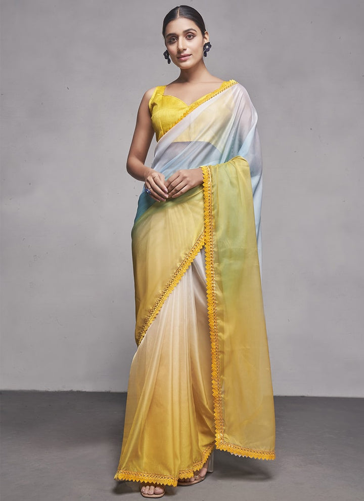 Lassya Fashion 0 Yellow And White Elegant Partywear Organza Saree Set