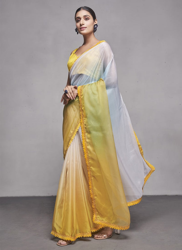 Lassya Fashion 0 Yellow And White Elegant Partywear Organza Saree Set