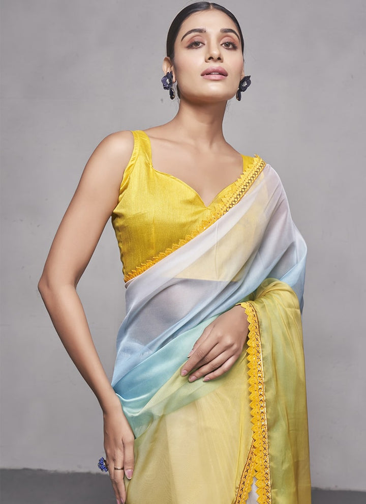 Lassya Fashion 0 Yellow And White Elegant Partywear Organza Saree Set