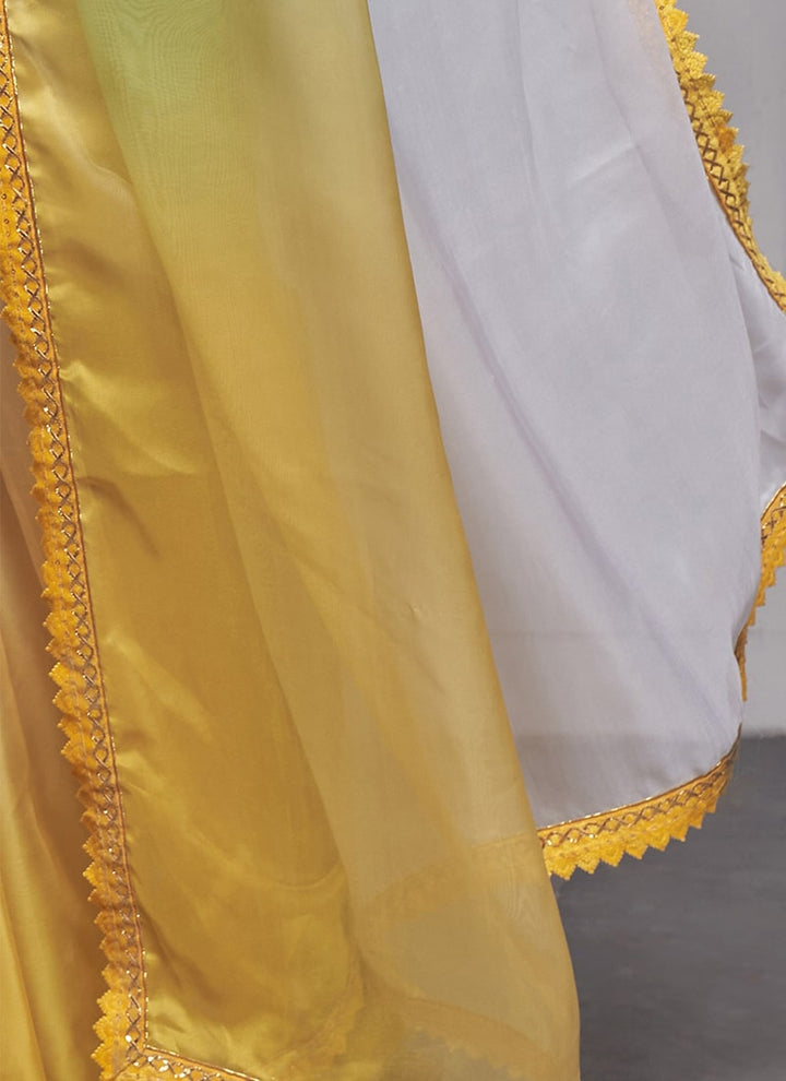 Lassya Fashion 0 Yellow And White Elegant Partywear Organza Saree Set