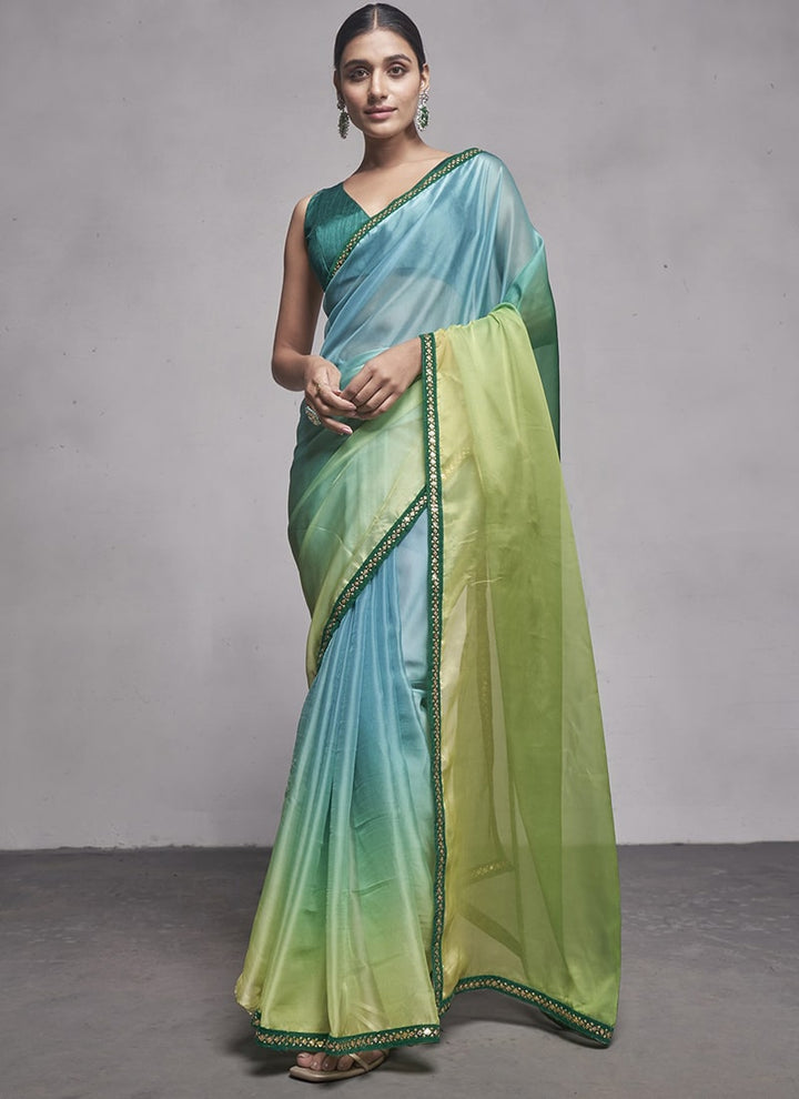 Lassya Fashion 0 Pista And Sea Green Elegant Partywear Organza Saree Set