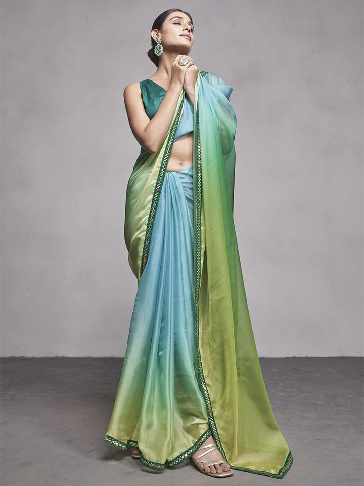 Lassya Fashion 0 Pista And Sea Green Elegant Partywear Organza Saree Set