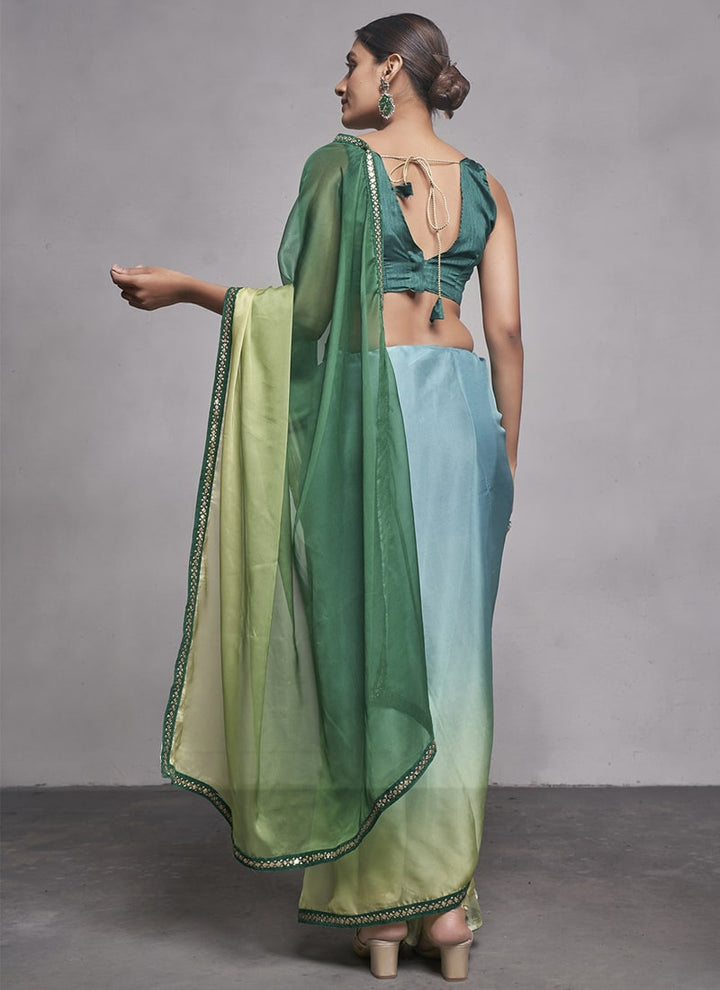 Lassya Fashion 0 Pista And Sea Green Elegant Partywear Organza Saree Set