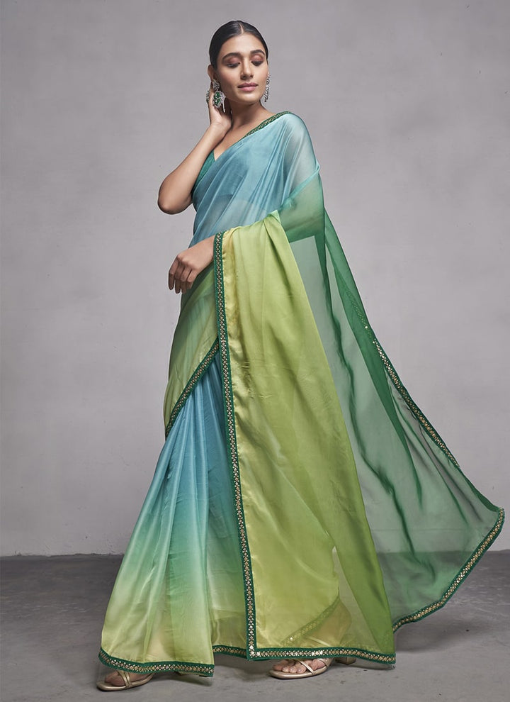 Lassya Fashion 0 Pista And Sea Green Elegant Partywear Organza Saree Set