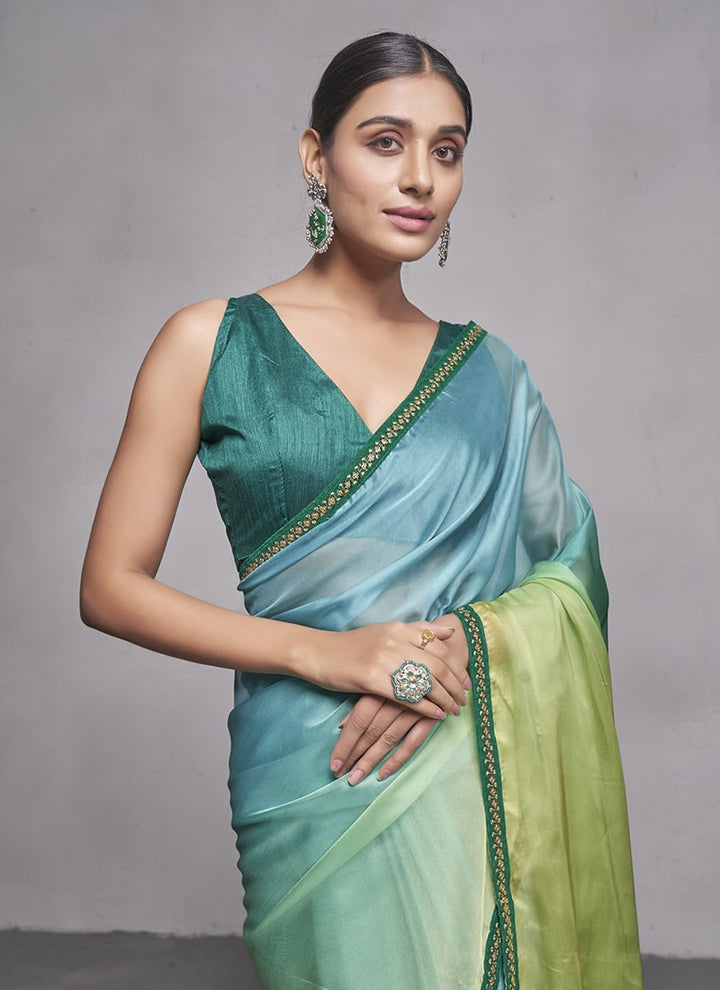 Lassya Fashion 0 Pista And Sea Green Elegant Partywear Organza Saree Set