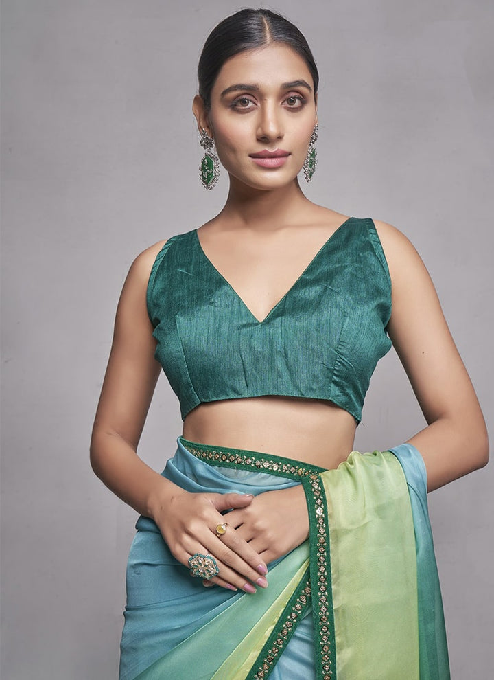 Lassya Fashion 0 Pista And Sea Green Elegant Partywear Organza Saree Set