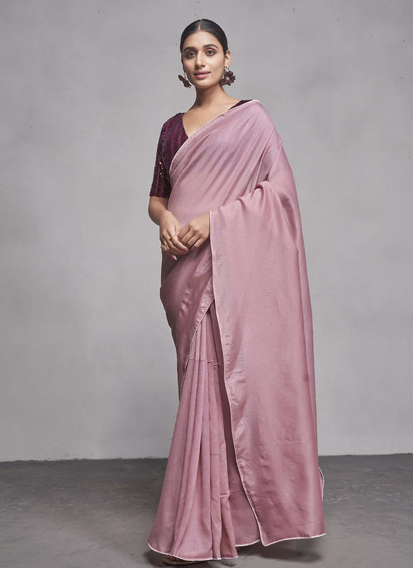 Lassya Fashion 0 Mauve Pink Elegant Partywear Georgette Saree Set