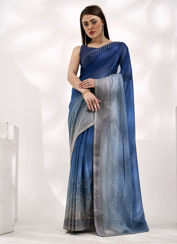 Lassya Fashion 0 Navy Blue Elegant Partywear Lycra Saree Set