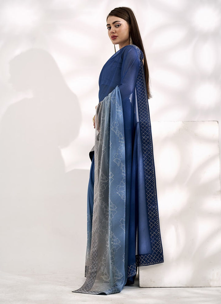 Lassya Fashion 0 Navy Blue Elegant Partywear Lycra Saree Set