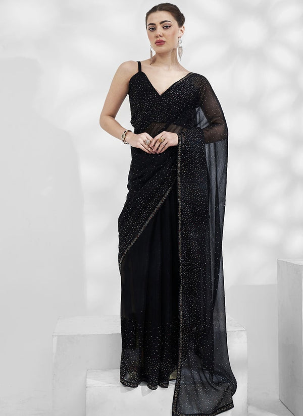 Lassya Fashion 0 Midnight Black Elegant Partywear Shimmer Saree Set