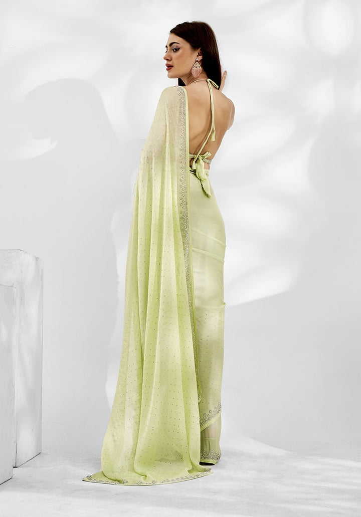 Lassya Fashion 0 Pista Green Elegant Partywear Satin Chiffon Saree Set
