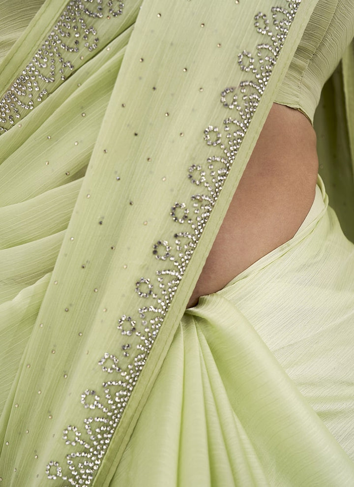 Lassya Fashion 0 Pista Green Elegant Partywear Satin Chiffon Saree Set