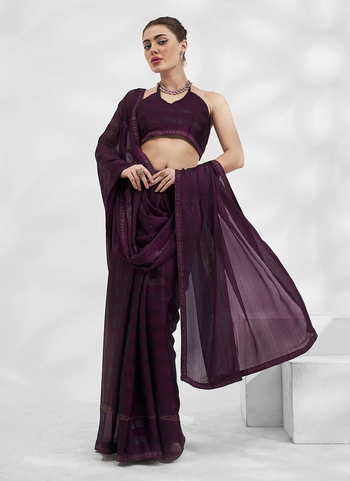Lassya Fashion 0 Dark Purple Elegant Partywear Chiffon  Saree Set