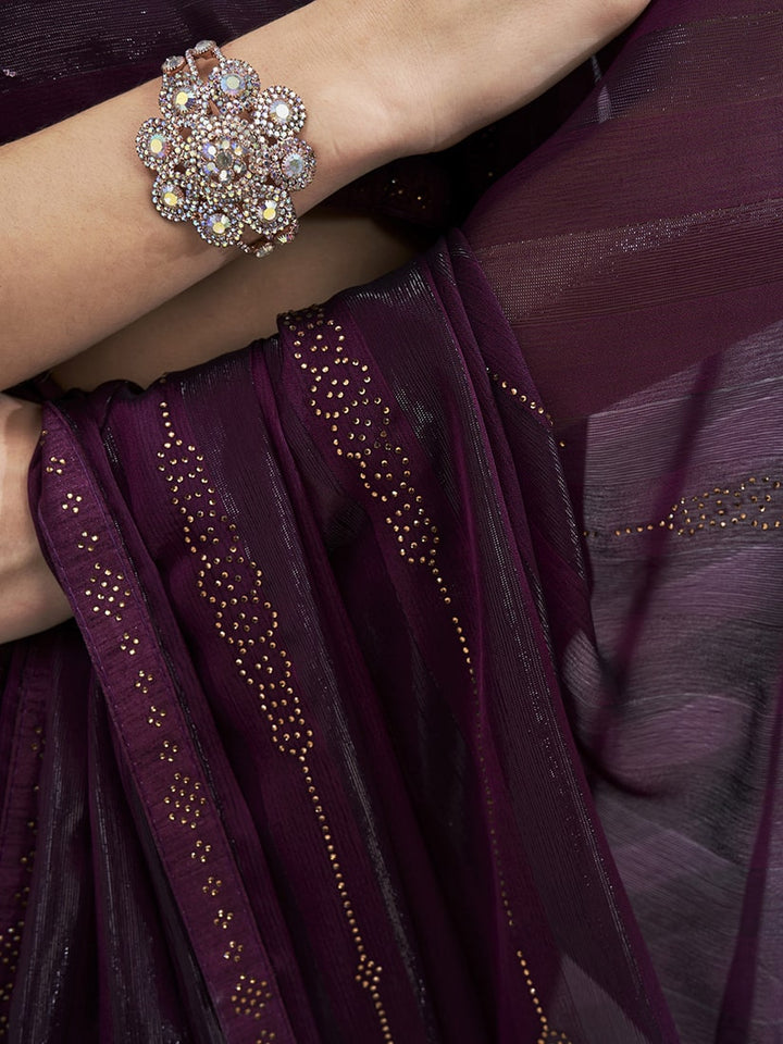 Lassya Fashion 0 Dark Purple Elegant Partywear Chiffon  Saree Set