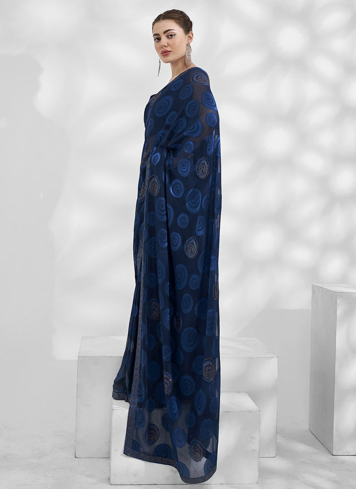 Lassya Fashion 0 Dark Blue Elegant Partywear Jacquard with Moss Saree Set