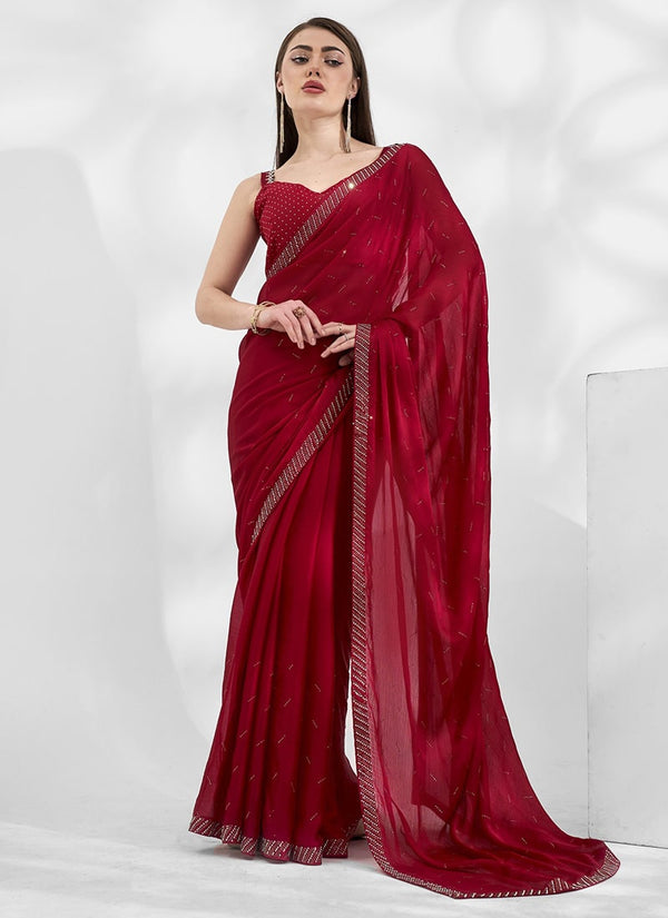 Lassya Fashion 0 Dark Red Elegant Partywear Chiffon with Satin Saree Set