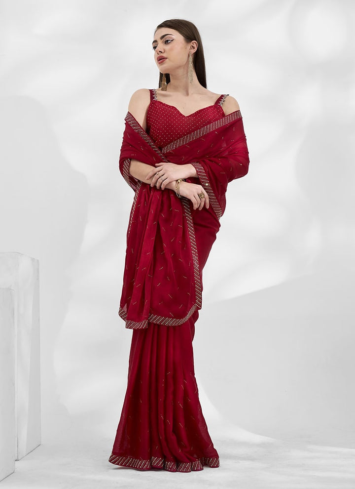 Lassya Fashion 0 Dark Red Elegant Partywear Chiffon with Satin Saree Set